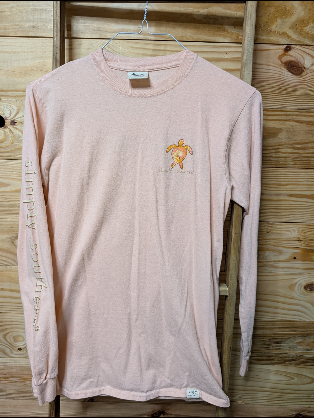 Simply Southern Peach Long Sleeve Tee with Embroidered Turtle